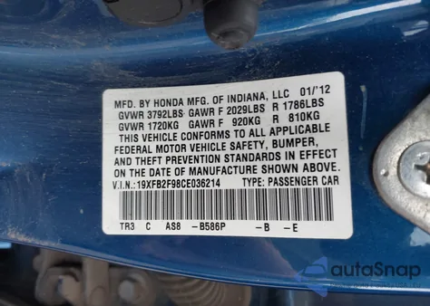 2012 Honda Civic Ex-L z USA, uszkodzony, nr VIN 19XFB2F98CE036214